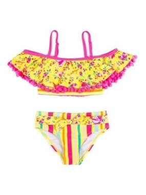 Betsey Johnson Girls XL (14) Yellow & Pink Floral Ruffle Bikini With Pom Pom Tri